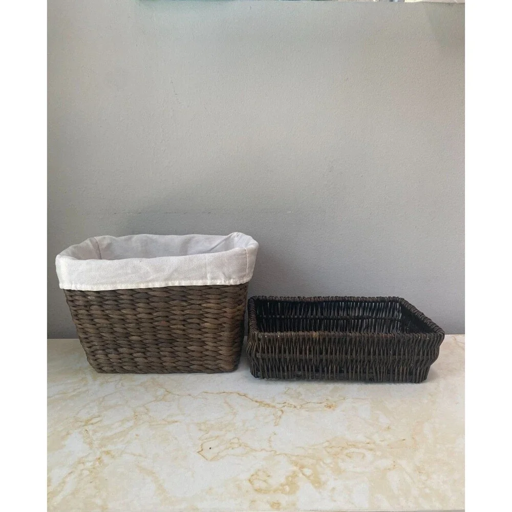 Set of 2 Vintage Cottagecore Dark Brown Wicker Basket Rattan, Linen/Cotton lined